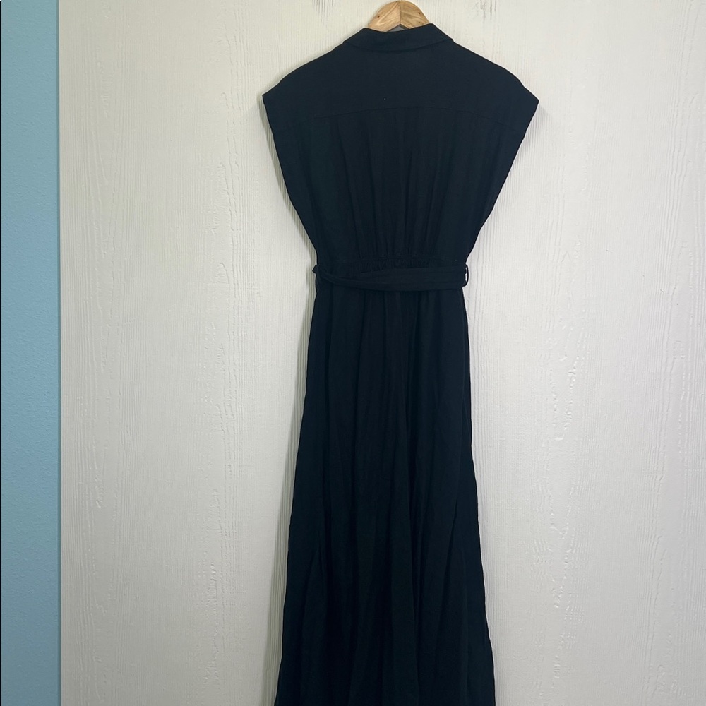 Zara - Black Linen Blend Short Sleeve Golden Button Belted Maxi Dress Size Small - Picture 10 of 10